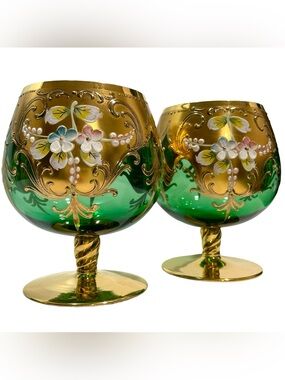 Vintage 1950s Venetian Murano Tre Fuochi 24K Emerald Green Glass Brandy Snifters